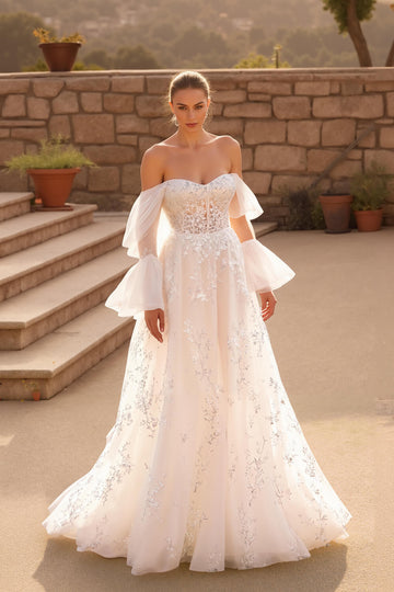Boho Ivory Off The Shoulder A-Line Long Sleeve Wedding Dress